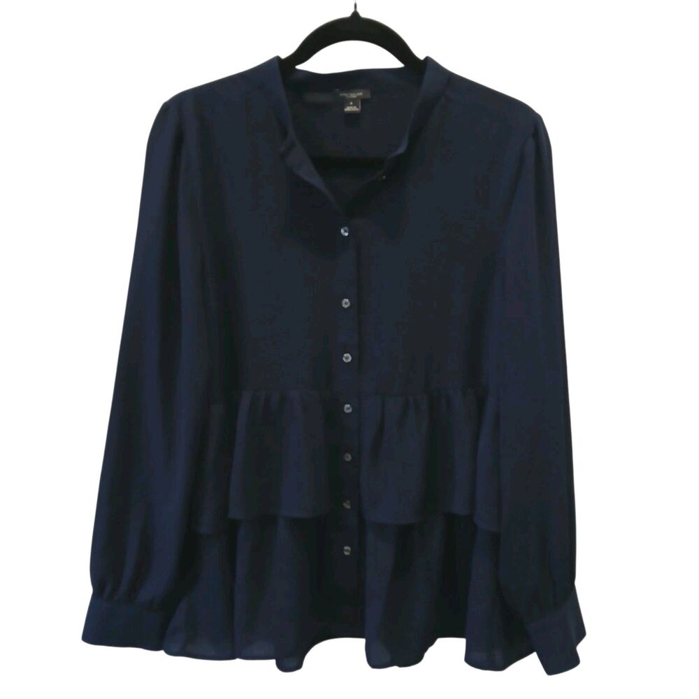 Ann Taylor Factory Navy Blue Tiered Ruffle Button Down Blouse Long Size Medium